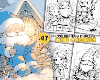 Cute Gnomes Coloring Book, Kawaii Gnomes Coloring Pages, Gnomes Activities, PDF & PNG, Printable and Digital, Adults and Kids, Grayscale Inc