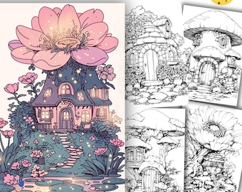 84 Cute Fairy Houses Coloring Pages, Enchanted Cottage, Adult Coloring Book, Mushroom, Flower, Tree Cottage Houses, PNG, PDF, Greyscale