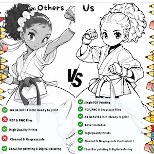 May include: A comparison chart showing the differences between two digital coloring book products. The chart lists features such as file types, print size, and quality. The left side of the chart is labeled "Others" and the right side is labeled "Us".