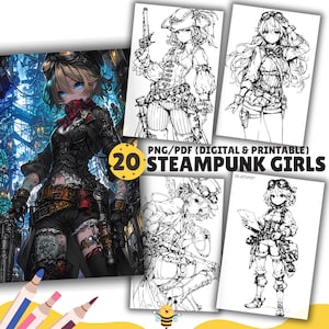 Steampunk Anime Girls Coloring Pages, Coloring Book, PDF & PNG, Digital and Printable PDF, Adult Coloring Book, Cute, Kawaii, Girls coloring