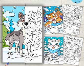 Artic Animals Coloring Pages, Winter simple Coloring Book, For children and Adults, Printable, Digital, PDF & PNG