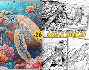 Ocean Turtle Coloring Pages, Sea Turtles Coloring Pages, Underwater Life Coloring Book, PDF, PNG and Grayscale files, High Quality Prints