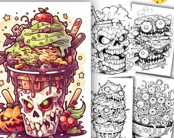 Halloween Dishes Coloring Pages, Horror Food coloring Book, Scary Coloring Sheets, PDF, PNG, Grayscale, Digital Download