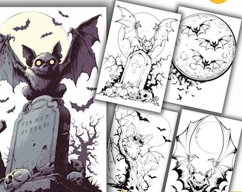 Halloween Bat Coloring Pages, Coloring Book, Kids coloring pages, PDF & PNG, Digital and Printable PDF, Scary and Cute