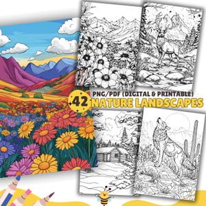 Nature Landscapes Coloring Pages, Relaxing landscape Printables, PDF & PNG, Coloring Book, Adult Coloring Book, Digital Download