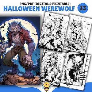 Halloween Werewolf Coloring Pages, Coloring Book, Halloween Wolf Printable Pages, PDF & PNG, Digital and Printable PDF