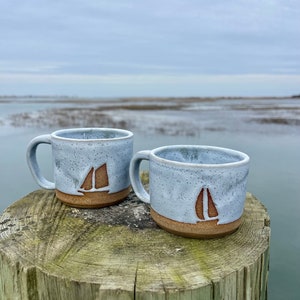 Sailboat Ceramic Mug | Nautical Coffee Cup | Ocean Blue Cuppuchino Cup | 8oz