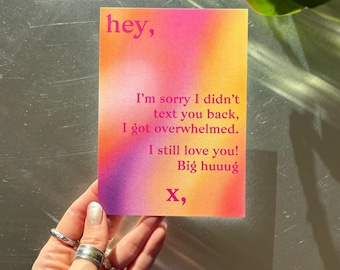 Typo postcard sorry I didn't text you back | thanks for being in my life | selflove | overthinking | Graphic Design Print | Fun |Typography