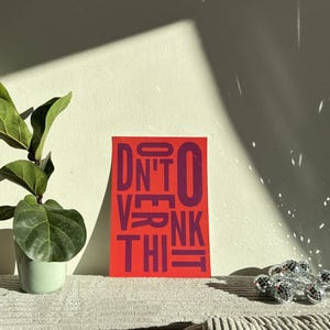 May include: A red rectangular art print with the words "DON'T OVERTHINK IT" in purple block letters. A small potted plant with large green leaves and a decorative disco ball are also visible.