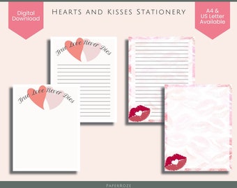 Herzen und Küsse Valentinstag Briefpapier. Love Day druckbare Briefpapier-Sets. A4 und US Letter Sets. Sofortiger Download Schreibpapier Pack
