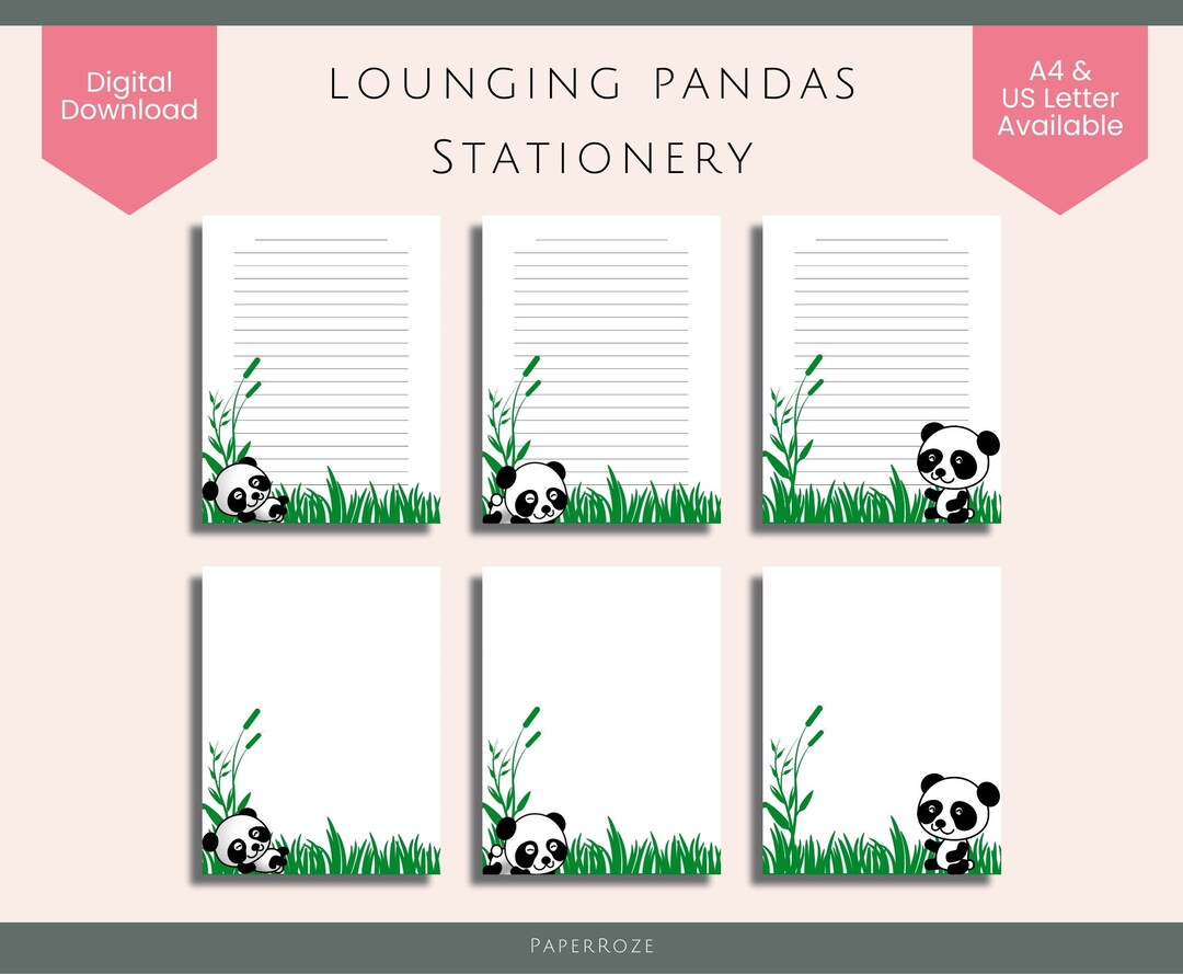 Lounging Pandas Stationery Pack. Cute Panda Writing Paper. Printable