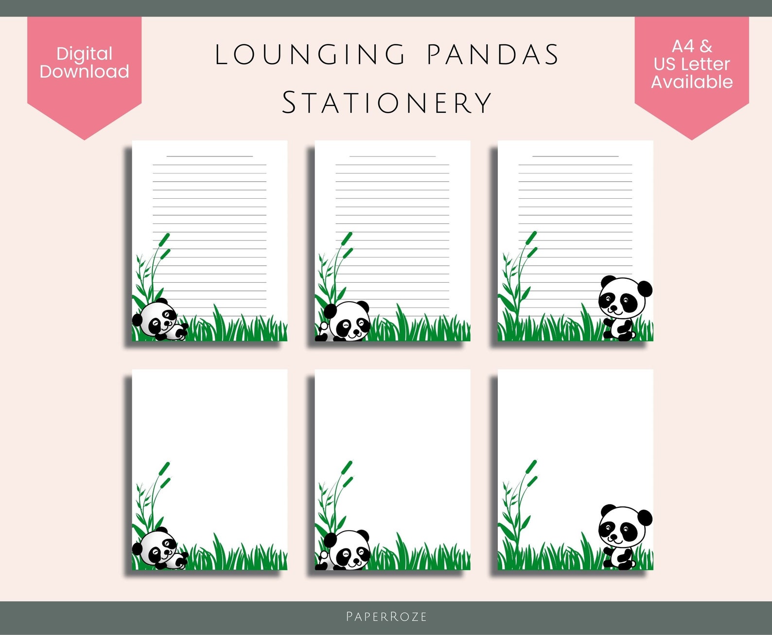 Lounging Pandas Stationery Pack. Cute Panda Writing Paper. Etsy