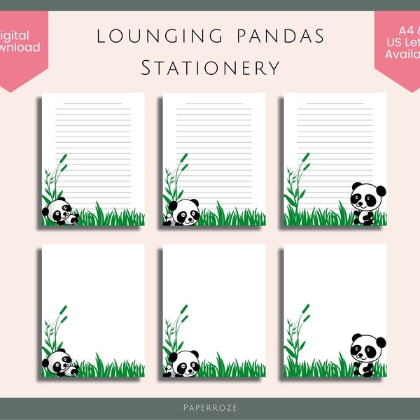 Lot de papeterie Pandas allongés. Papier à lettres Panda mignon. Ensemble de papeterie imprimable. Lettre américaine A4. Téléchargement instantané. Ensemble de papier à lettres.