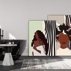 May include: Two abstract art prints featuring black and white stripes and a woman with brown skin and curly hair. The woman in the left print is wearing a white robe and has butterflies in her hair. The woman in the right print has butterflies in her hair and is looking at the viewer.