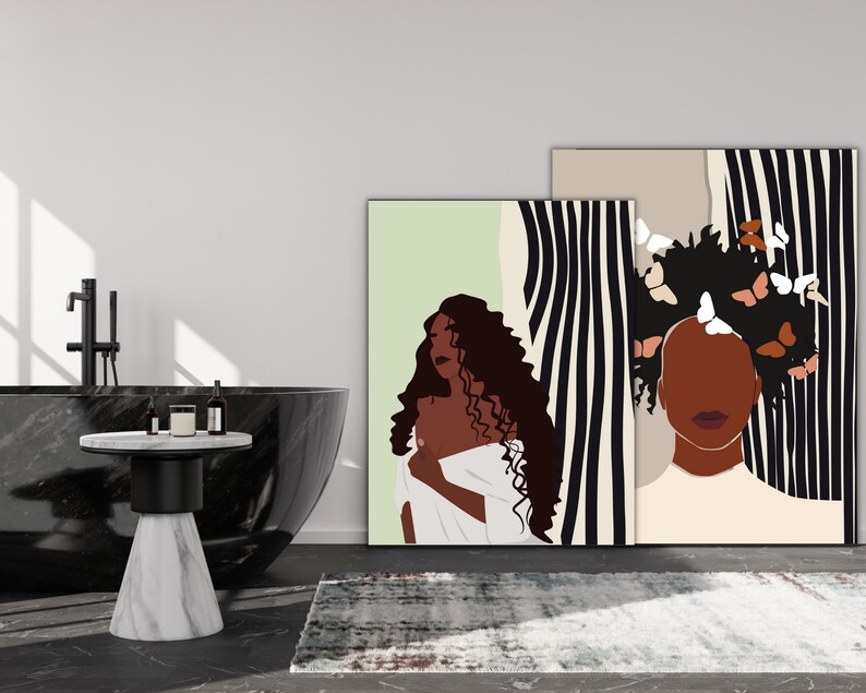May include: Two abstract art prints featuring black and white stripes and a woman with brown skin and curly hair. The woman in the left print is wearing a white robe and has butterflies in her hair. The woman in the right print has butterflies in her hair and is looking at the viewer.