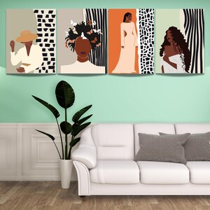 May include: Set of four abstract art prints featuring black women with geometric patterns and backgrounds in shades of brown, black, white, and orange.