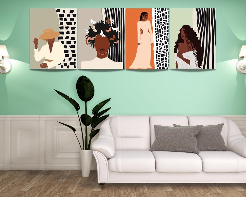 May include: Set of four abstract art prints featuring black women with geometric patterns and backgrounds in shades of brown, black, white, and orange.