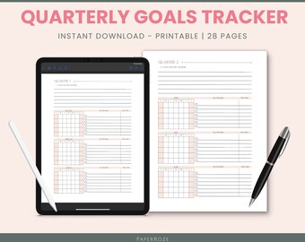 Quarterly Goal Tracker | Printable Goal Planner, Digital Goal Worksheet, Productivity Planner, SMART Goals, Monthly Goals, Note-Taking Set