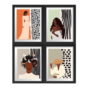 May include: Set of four framed prints featuring black and white abstract patterns with illustrations of women. The prints have black frames and white mats.