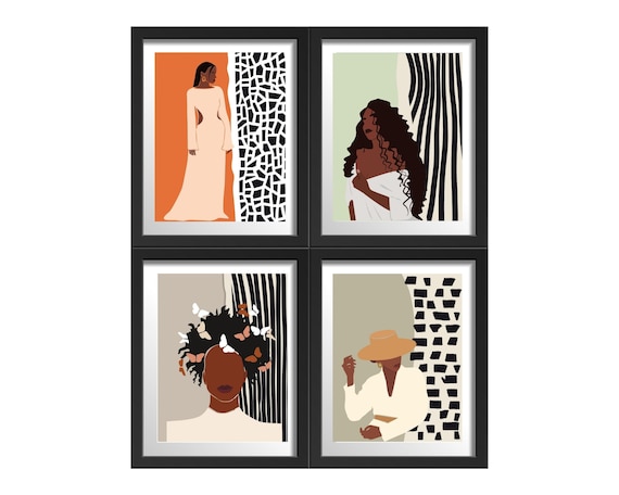 Black Woman Wall Art, Set of 4. Urban Girl Women Digital Art. African American Printable Art. Abstract Black Woman Art. Instant Download Art