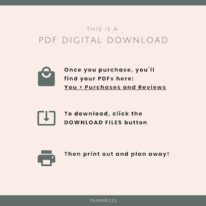 May include: A graphic with instructions on how to download a digital PDF file. The graphic includes icons for a shopping bag, a download arrow, and a printer. The text reads "This is a PDF Digital Download", "Once you purchase, you'll find your PDFs here: You > Purchases and Reviews", "To download, click the DOWNLOAD FILES button", and "Then print out and plan away!"