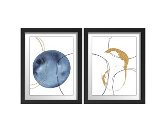 Japandi Wall Art, Set of 2. Blue and Gold Printable Wall Art. Abstract Wall Art. Circular Art Print. Instant Download Wall Art. Minimal Art.