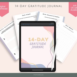 Plantilla de diario de gratitud de 14 días. Diario imprimible de autoayuda. Mensaje del diario. Diario de autorreflexión. Diario de terapia. Carta A4 EE. UU.