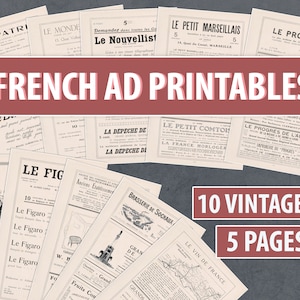 10 páginas de anúncios em francês para impressão | Download digital | Coisas efêmeras de anúncio vintage para etiquetas de bolsos de periódicos indesejados | Fabricação de cartões | Artesanato em papel