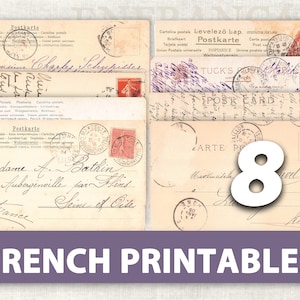 8 Vintage French Postcard Printables | Digital Download | Postcard Ephemera for Junk Journals Pockets Tags | Handwritten French Script