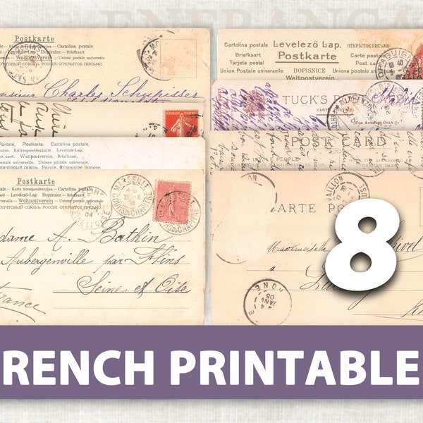8 Vintage French Postcard Printables | Digital Download | Postcard Ephemera for Junk Journals Pockets Tags | Handwritten French Script