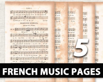 5 Vintage Music Page Printables / Digital Download / Music Ephemera for Junk Journals Pockets Tags / Vintage French / French Song Lyrics
