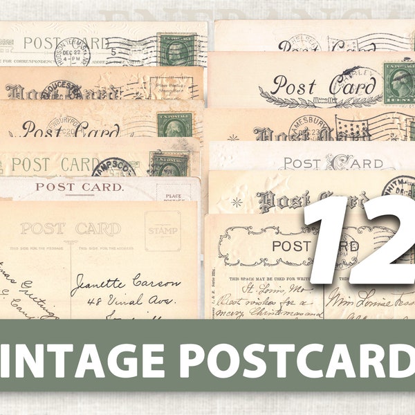 12 Vintage Postcard Printables | Digital Download | Postcard Ephemera for Junk Journals Pockets Tags | Handwritten | Paper Crafts