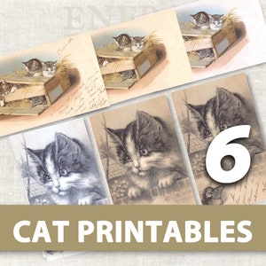 Vintage Cat Postcard Printables | French Vintage Cat | Junk Journal | Carte Postale | Digital Download | Papercraft | Cat and Mouse