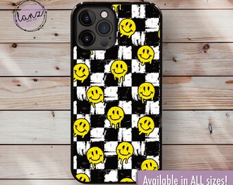 Grungy Retro Checkered Melted Happy Face iPhone Case