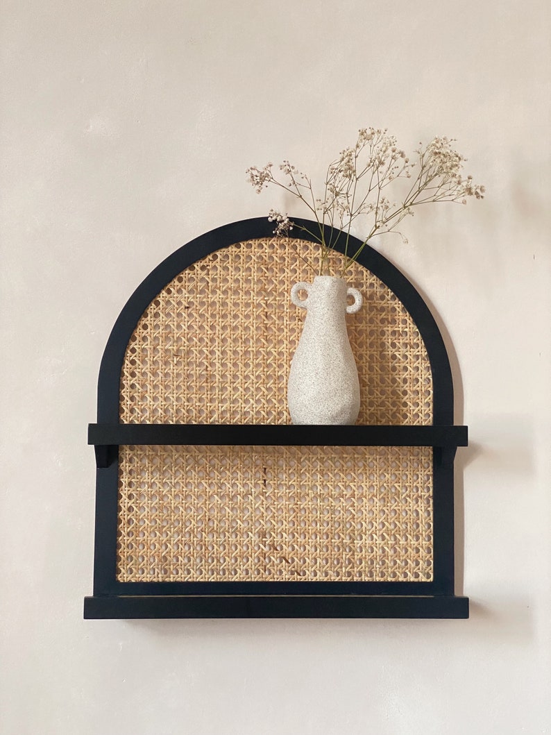 Rattan Floating Wall Shelf Arch Black Etsy