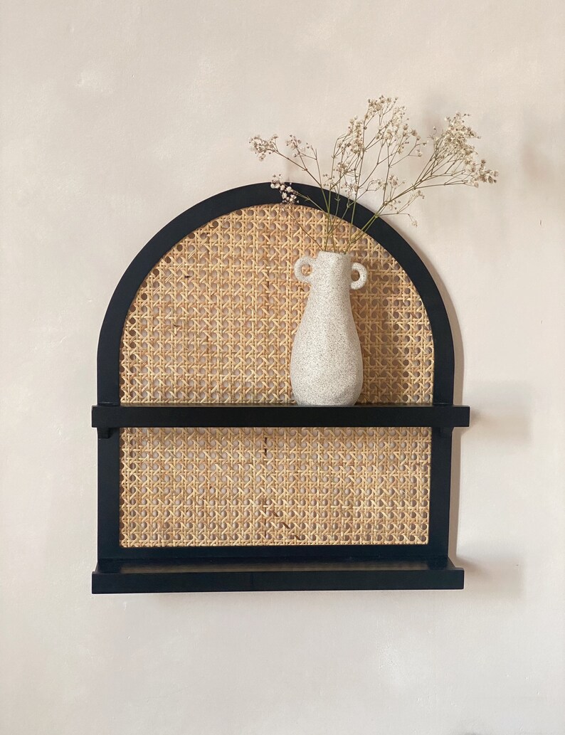 Rattan Floating Wall Shelf Arch Black Etsy