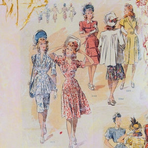 May include: A vintage illustration of five women wearing dresses and hats. The women are standing in a row, and the illustration is on a textured background with gold accents. The numbers 2043, 2044, 2045, and 2041 are visible in the image.