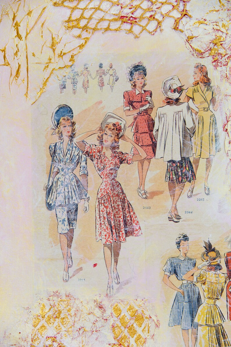 May include: A vintage illustration of five women wearing dresses and hats. The women are standing in a row, and the illustration is on a textured background with gold accents. The numbers 2043, 2044, 2045, and 2041 are visible in the image.