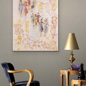 May include: A vintage-inspired painting featuring a group of women in various styles of dresses and hats. The painting is set against a background of delicate lace and a soft, faded color palette.