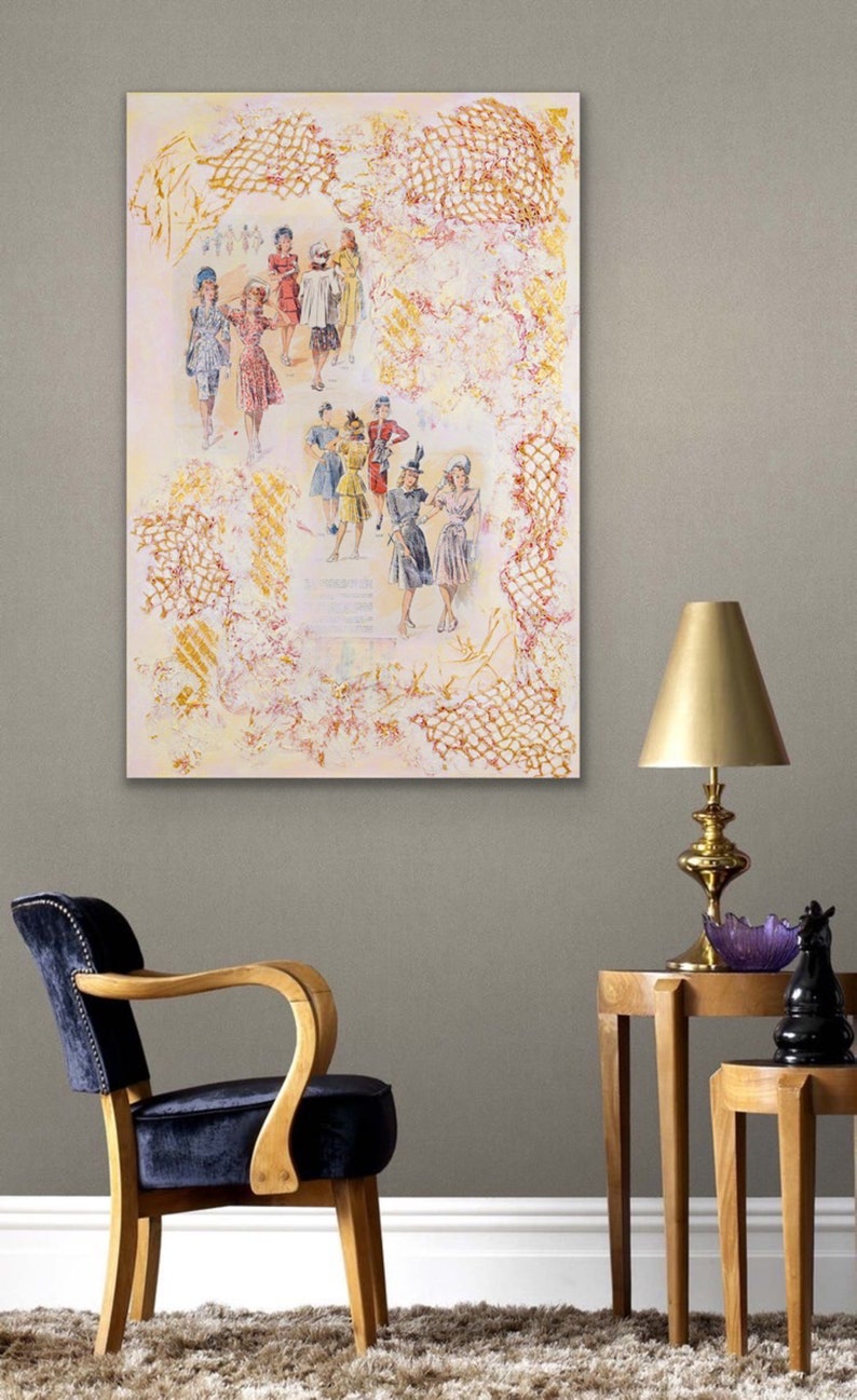 May include: A vintage-inspired painting featuring a group of women in various styles of dresses and hats. The painting is set against a background of delicate lace and a soft, faded color palette.