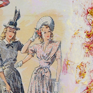 May include: Two women wearing vintage dresses and hats. The woman on the left is wearing a black and white checkered dress with a white hat. The woman on the right is wearing a white dress with a floral pattern and a white hat with a red flower.