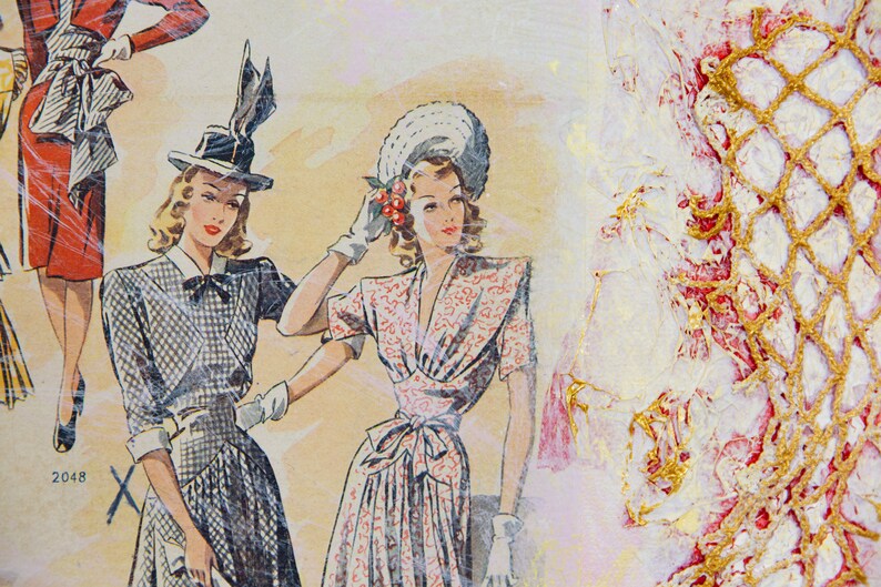 May include: Two women wearing vintage dresses and hats. The woman on the left is wearing a black and white checkered dress with a white hat. The woman on the right is wearing a white dress with a floral pattern and a white hat with a red flower.