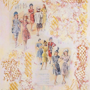 May include: A vintage illustration of women wearing dresses and hats. The illustration is on a textured background with gold and pink accents.