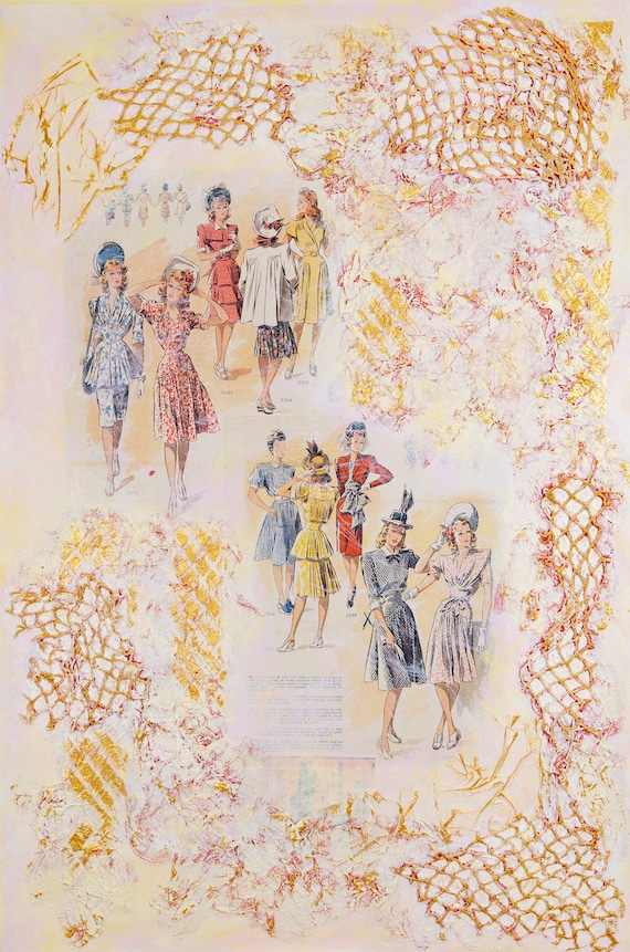 Retro collage 1947, handmade, large wall art, LiLoByLiLo