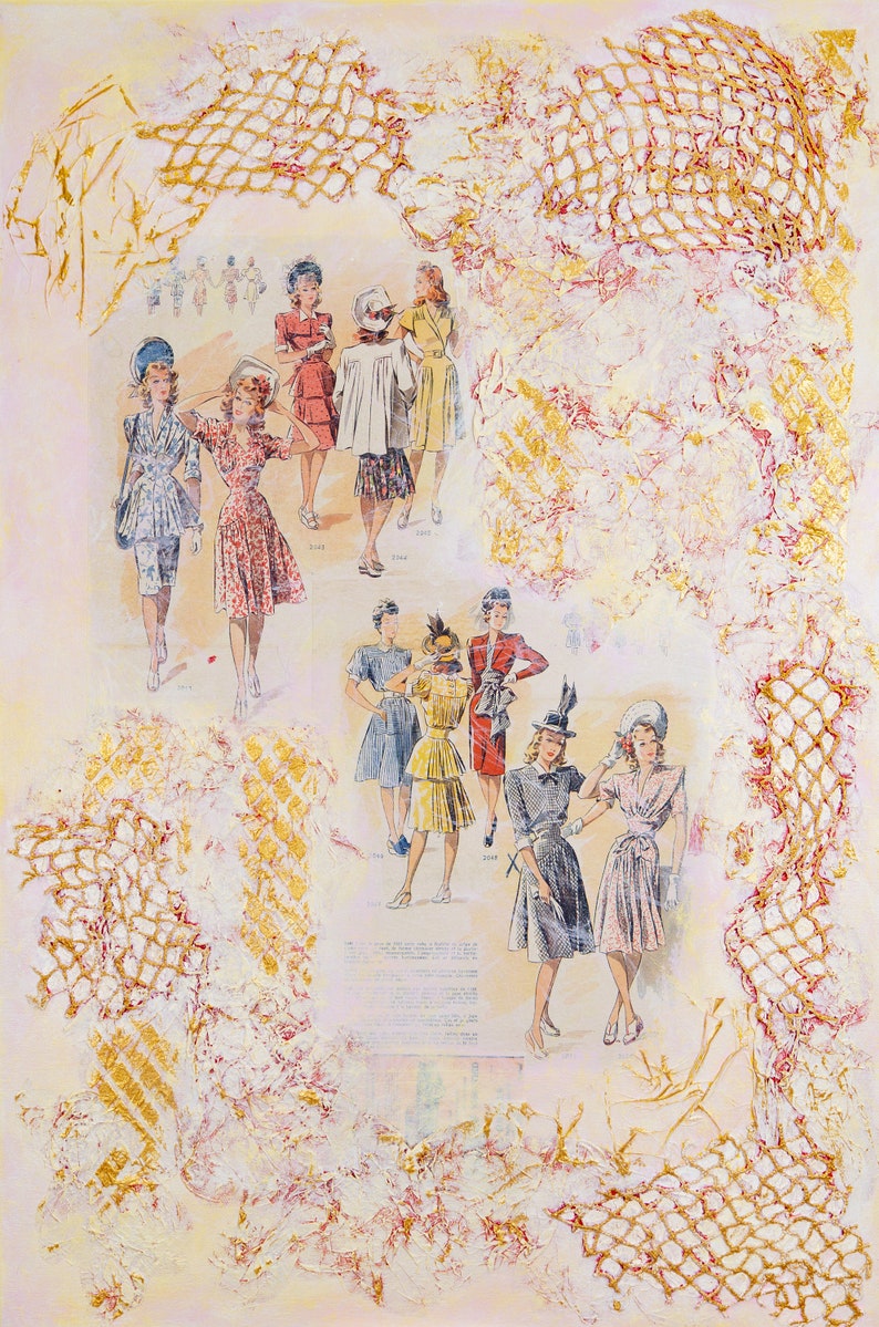 May include: A vintage illustration of women wearing dresses and hats. The illustration is on a textured background with gold and pink accents.