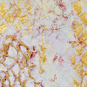 May include: Abstract art painting with a textured white background, red and gold accents, and a crackled effect.