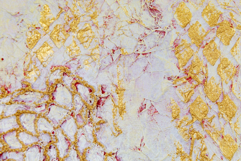 May include: Abstract art painting with a textured white background, red and gold accents, and a crackled effect.