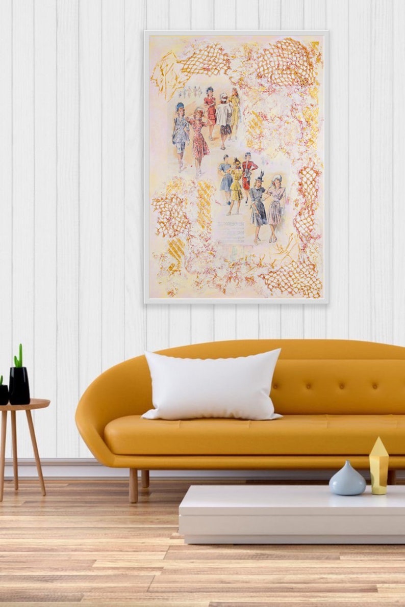 May include: A framed painting of a group of women in vintage clothing, standing in a line. The background is a light pink and white with a pattern of lace and netting.