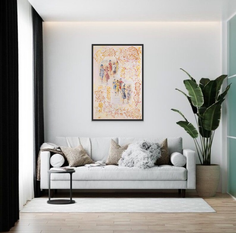May include: A framed painting of a group of people in a white and yellow abstract background. The people are wearing colorful clothing and are standing in a circle. The painting is in a black frame and is hanging on a white wall.
