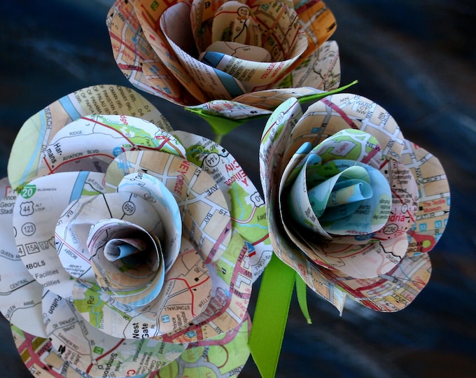 Recycled Map Paper Roses: Handmade Travel Gift, Set of 3